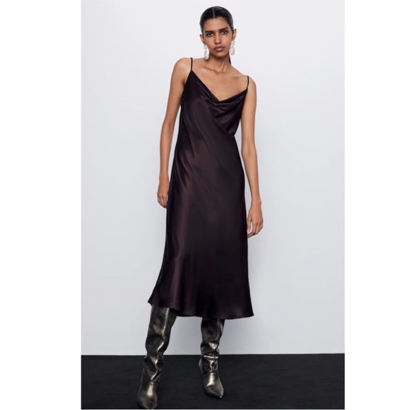 NWT ZARA SLIP DRESS satin brown chocolate 🍫 cowl neck MIDI XS 0 2 4 silky Y2K - Picture 7 of 8